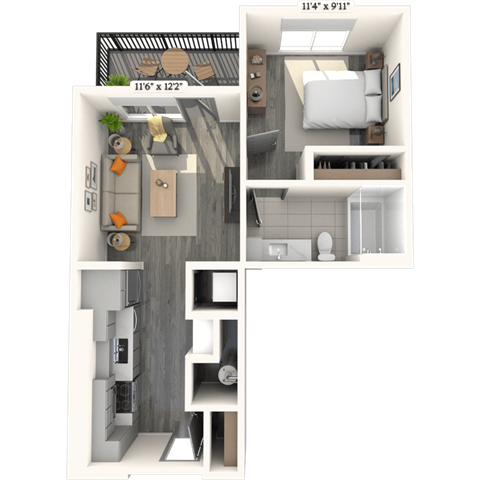 Floor plan for 1 bed, 1 bath, 598 sqft