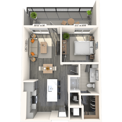 Floor plan for 1 bed, 1 bath, 677 sqft