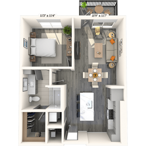 Floor plan for 1 bed, 1 bath, 730 sqft