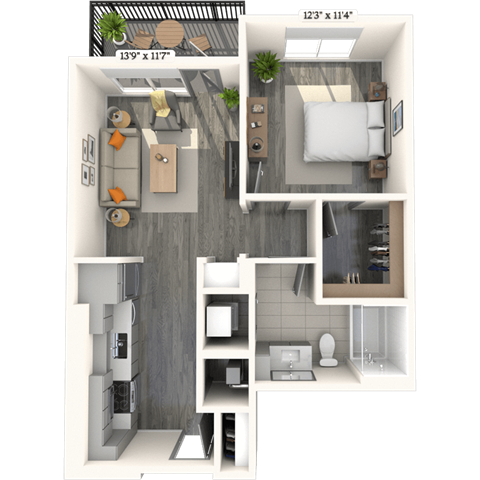 Floor plan for 1 bed, 1 bath, 706 sqft