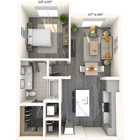 Floor plan for 1 bed, 1 bath, 787 sqft