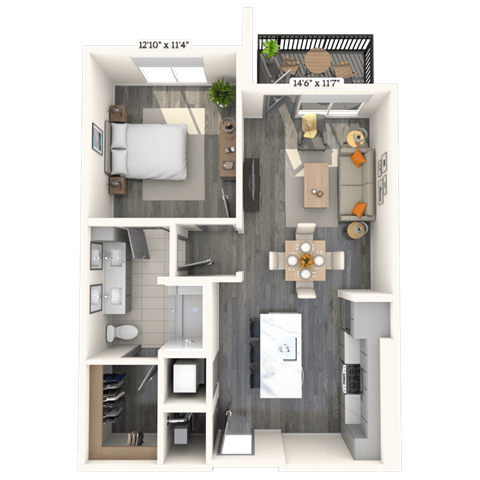 Floor plan for 1 bed, 1 bath, 767 sqft