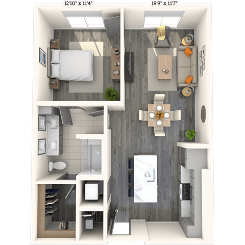 Floor plan for 1 bed, 1 bath, 806 sqft