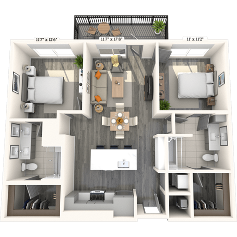 Floor plan for 2 beds, 2 baths, 1078 sqft