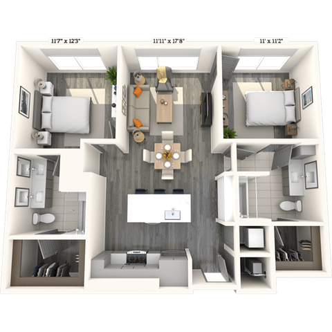 Floor plan for 2 beds, 2 baths, 1075 sqft