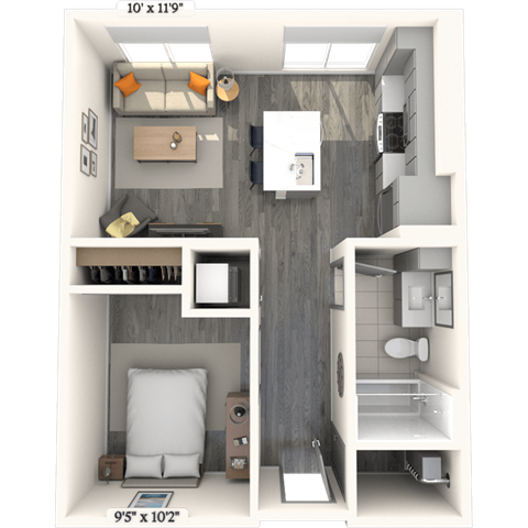 Floor plan for studio, 1 bath, 589 sqft