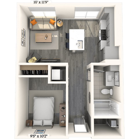Floor plan for studio, 1 bath, 588 sqft