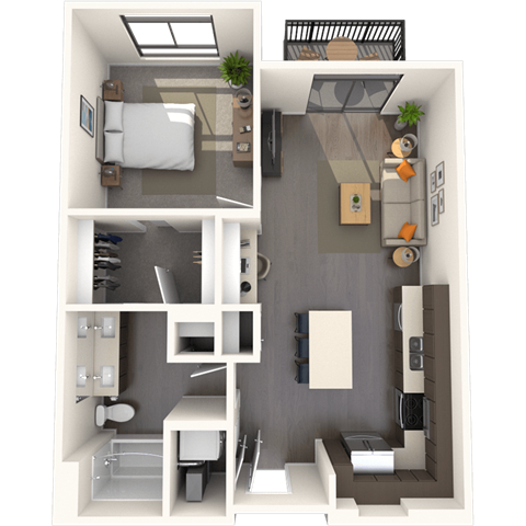 Floor plan for 1 bed, 1 bath, 749 sqft