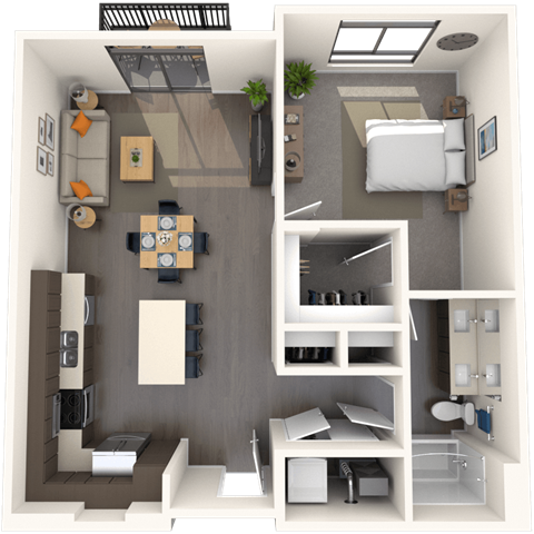 Floor plan for 1 bed, 1 bath, 840 sqft