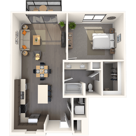 Floor plan for 1 bed, 1 bath, 873 sqft