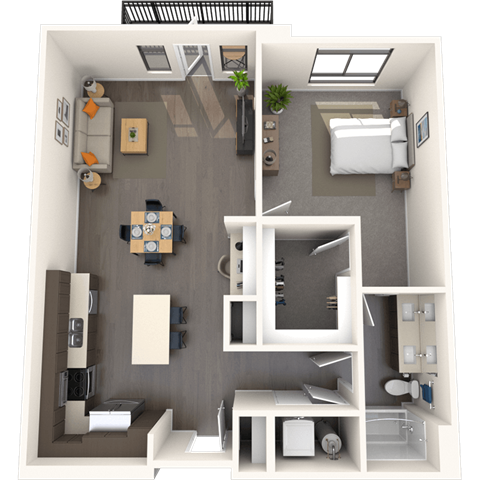 Floor plan for 1 bed, 1 bath, 965 sqft