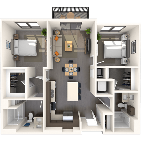 Floor plan for 2 beds, 2 baths, 999 sqft