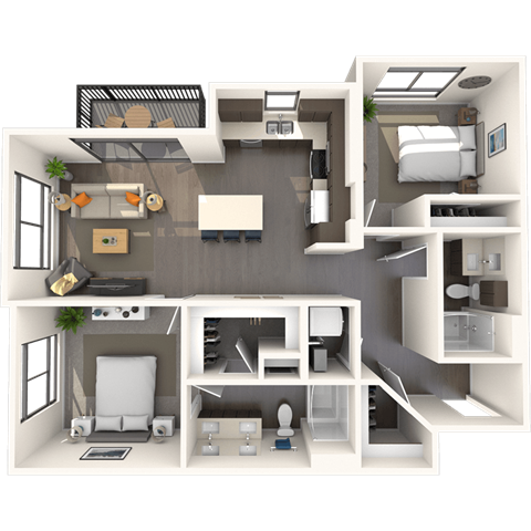 Floor plan for 2 beds, 2 baths, 1067 sqft
