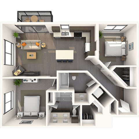 Floor plan for 2 beds, 2 baths, 1078 sqft