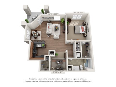 Floor plan for 1 bed, 1 bath, 1038 sqft