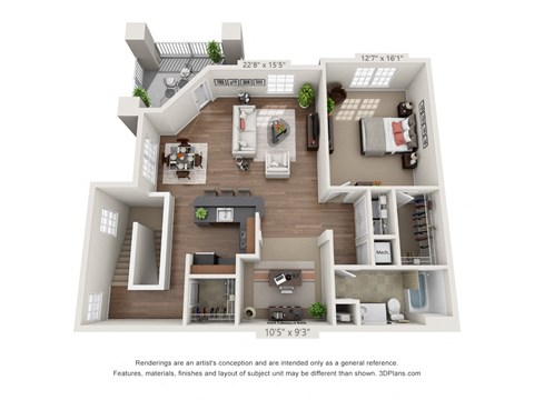 Floor plan for 1 bed, 1 bath, 1222 sqft
