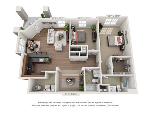 Floor plan for 2 beds, 2 baths, 1397 sqft