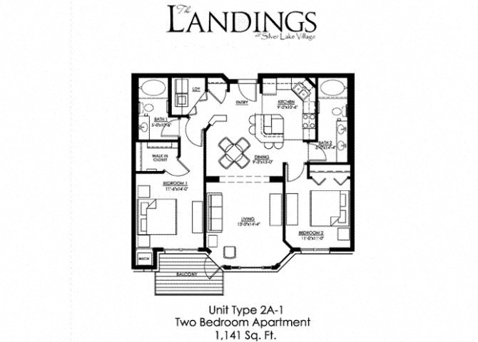 Floor plan for 2 beds, 2 baths, 1141 sqft