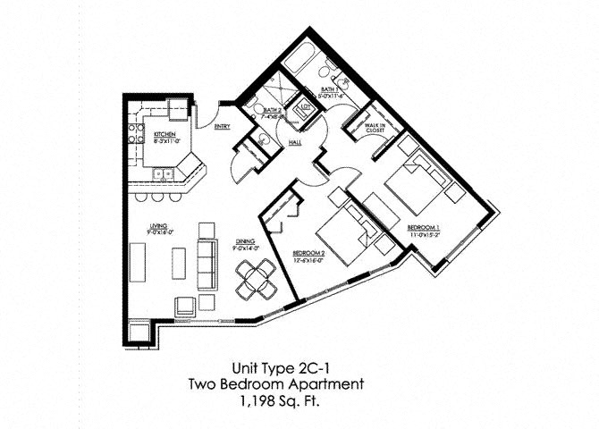 Floor plan for 2 beds, 2 baths, 1198 sqft