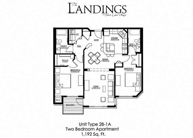 Floor plan for 2 beds, 2 baths, 1192 sqft