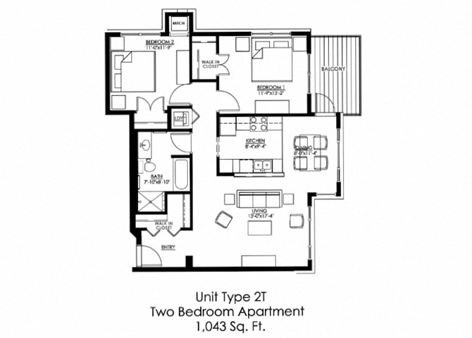 Floor plan for 2 beds, 1 bath, 1043 sqft