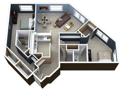 Floor plan for 2 beds, 2 baths, 1370 sqft