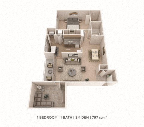 Floor plan for 1 bed, 1 bath, 797 sqft