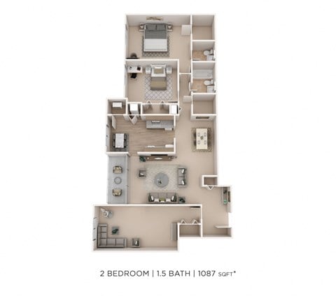 Floor plan for 2 beds, 1.5 baths, 1087 sqft