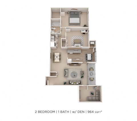 Floor plan for 2 beds, 1 bath, 964 sqft