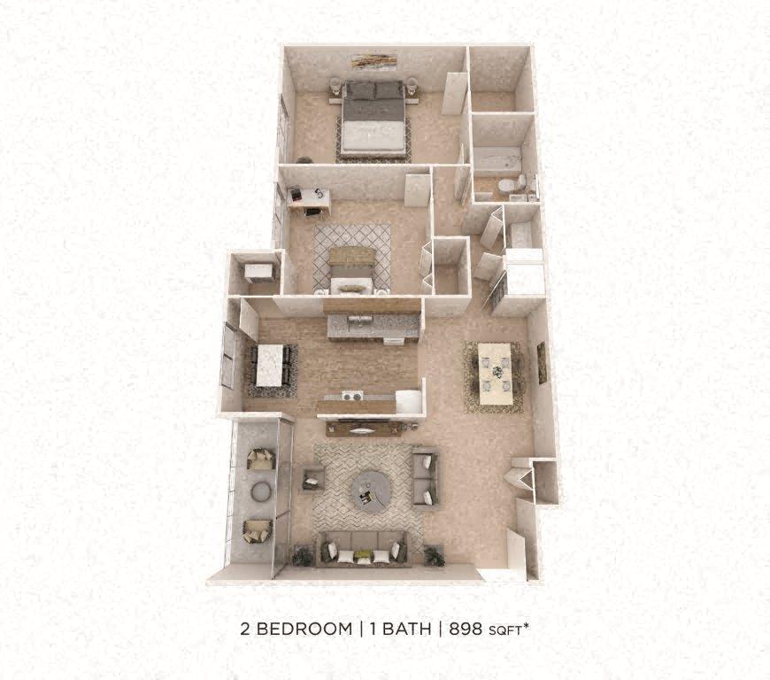 Floor plan for 2 beds, 1 bath, 909 sqft