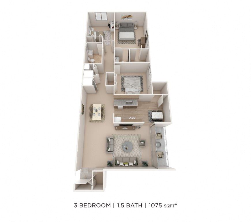 Floor plan for 3 beds, 1.5 baths, 1075 sqft
