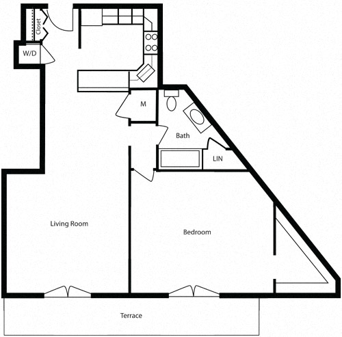 Floor plan for 1 bed, 1 bath, 916 sqft