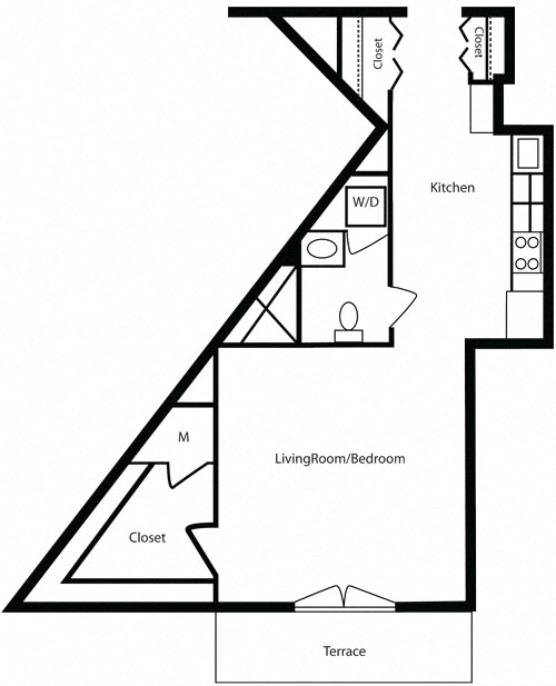 Floor plan for studio, 1 bath, 584 sqft