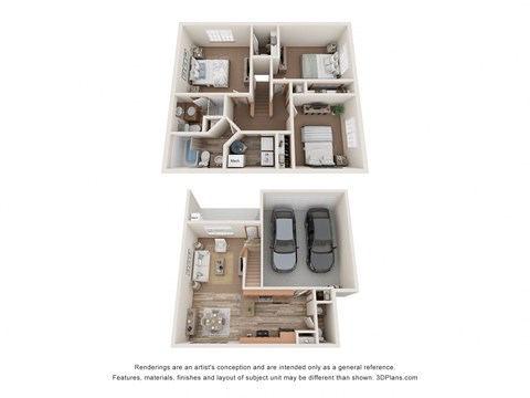 Floor plan for 3 beds, 2.5 baths, 1268 sqft