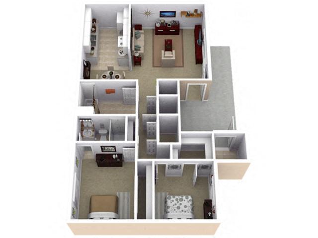 Floor plan for 2 beds, 2 baths, 999 sqft