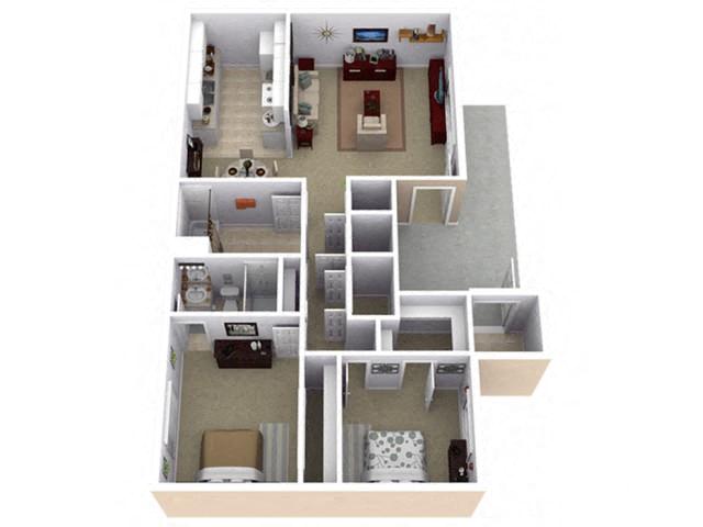 Floor plan for 2 beds, 2 baths, 999 sqft