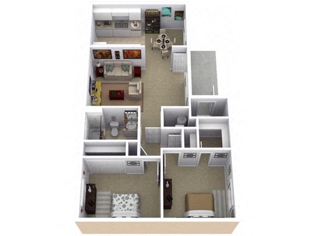 Floor plan for 2 beds, 1 bath, 865 sqft