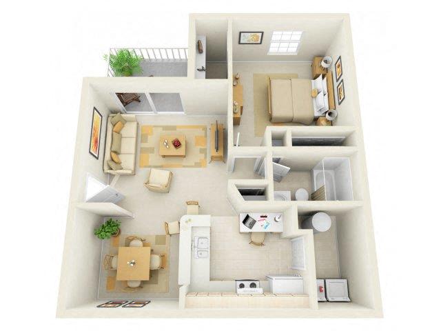 Floor plan for 1 bed, 1 bath, 880 sqft