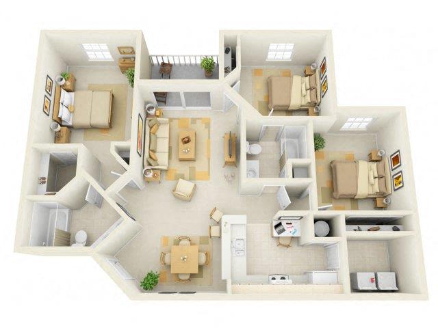 Floor plan for 3 beds, 2 baths, 1390 sqft