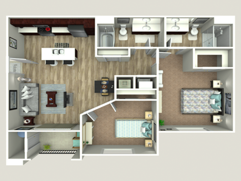 Floor plan for 2 beds, 2 baths, 986 sqft