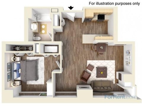 Floor plan for 1 bed, 1 bath, 831 sqft