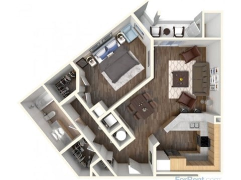 Floor plan for 1 bed, 1 bath, 853 sqft