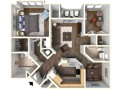 Floor plan for 1 bed, 1.5 baths, 998 sqft
