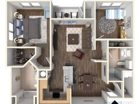Floor plan for 2 beds, 2 baths, 1045 sqft