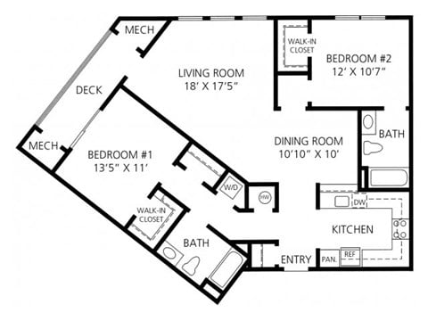 Floor plan for 2 beds, 2 baths, 1164 sqft