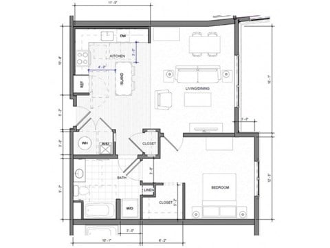 Floor plan for 1 bed, 1 bath, 803 sqft