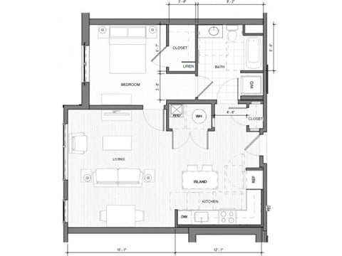 Floor plan for 1 bed, 1 bath, 806 sqft