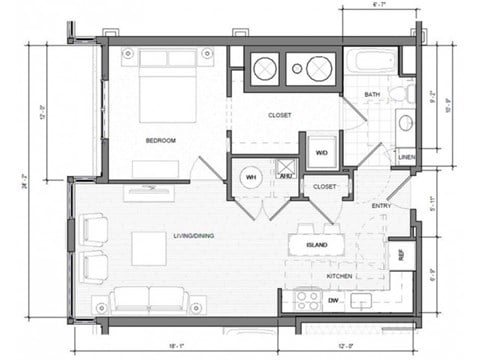 Floor plan for 1 bed, 1 bath, 723 sqft