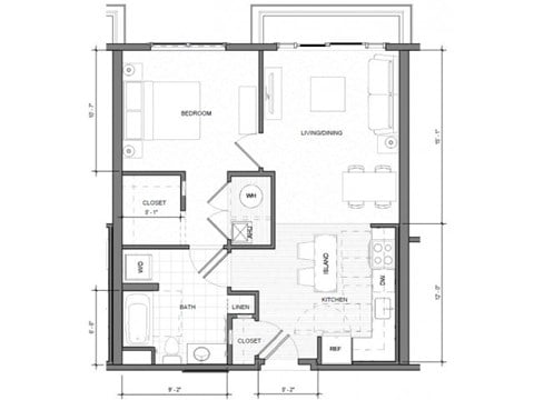 Floor plan for 1 bed, 1 bath, 711 sqft