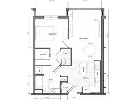 Floor plan for 1 bed, 1 bath, 750 sqft